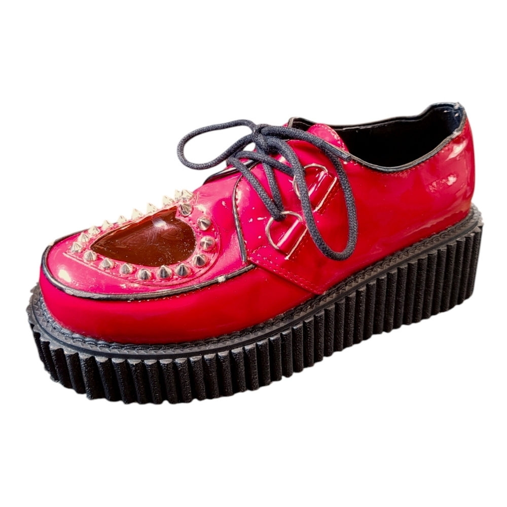 Demonia 108 Red Faux Leather Sheer Heart Studded Lace Up Creepers Women's Size 8